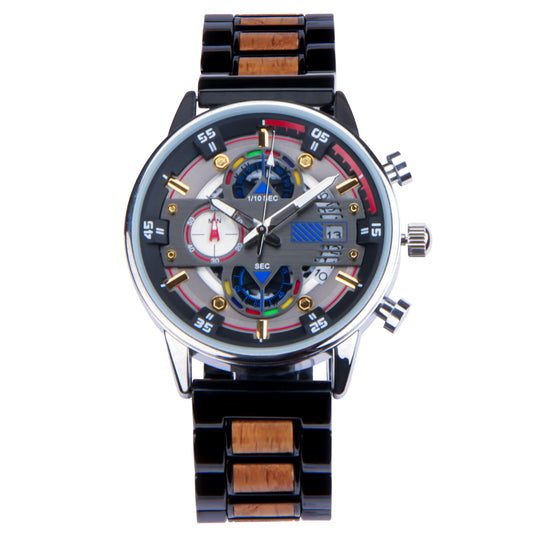 large dial multifunctional quartz steel wooden watch