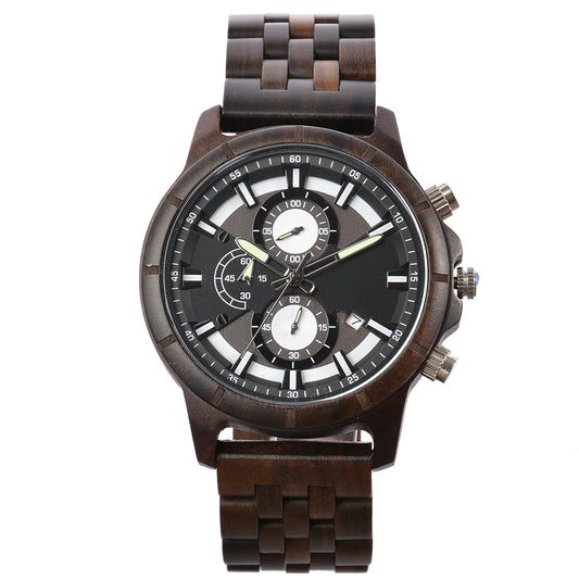 Large Dial Quartz Multifunction Wooden Watch