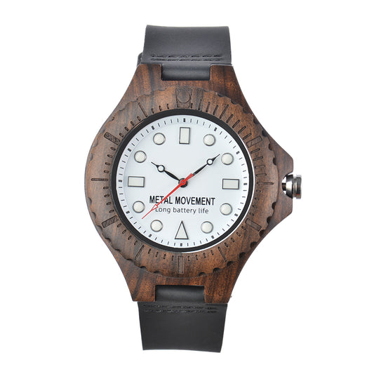 Quartz large dial leather strap wooden watch