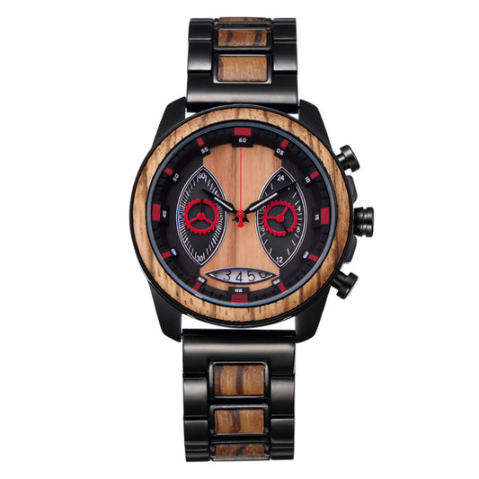 Fashion large dial multifunctional alloy wood quartz watch