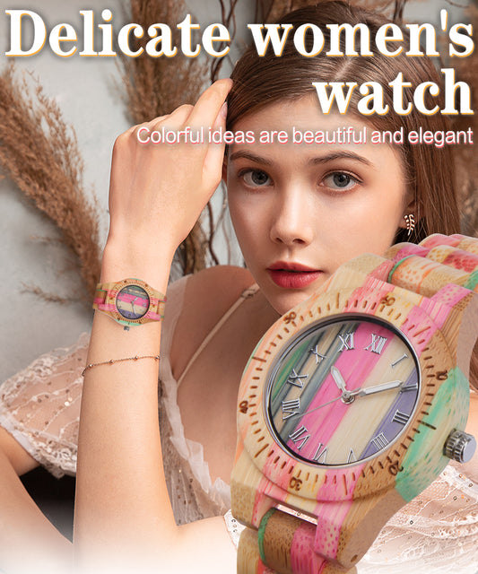 colorful three-needle quartz couple wooden watch