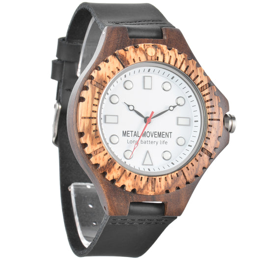 Quartz large dial leather strap wooden watch
