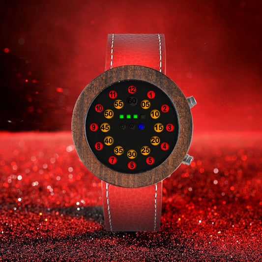 Novel LED Watch Nature Wood Watches Men's Electronic Wristwatch Leather Strap