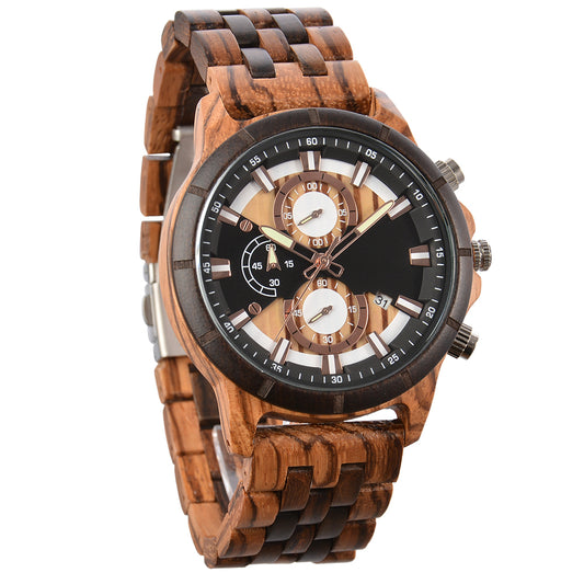 Large Dial Quartz Multifunction Wooden Watch