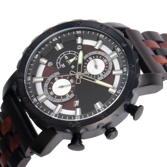 Mens Watches Wooden Watches for Men, Quartz Chronograph Wrist Watch, Handmade Natural Wood Wristband Lightweight