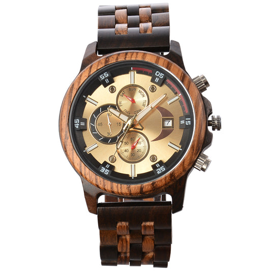 Dial Multifunction Quartz Wooden Watch