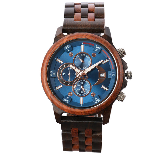 Dial Multifunction Quartz Wooden Watch