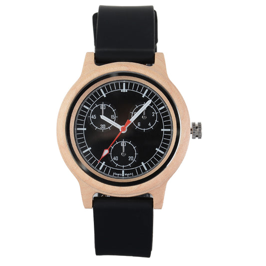 new high-value false three-eyed luminous niche fashion simple color quartz wood watch