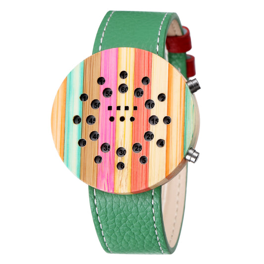 Creative Nature Wood LED Lights Electronic Wooden Watch for Men Leather Strap
