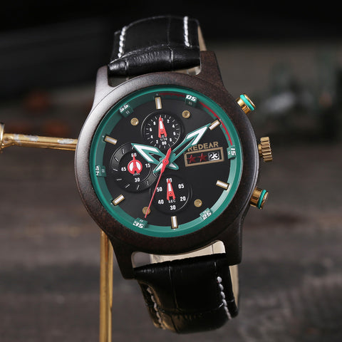 Men's Triple Chronograph Wooden Watch - 6-Hand Analog Display - Japanese Quartz Movement - Oliver/Ebony Wood - Water Resistant