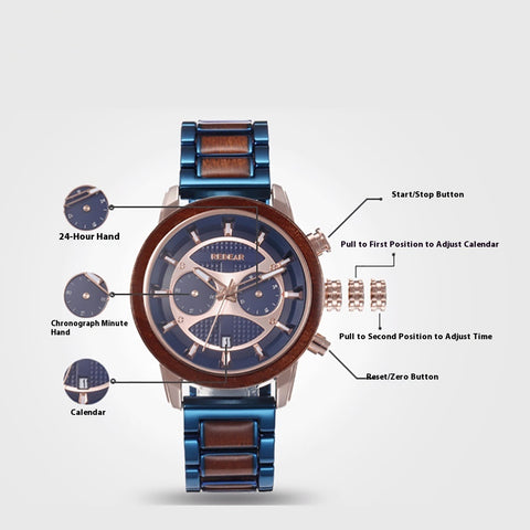 Men's Watch Alloy & Wood Strap, Water Resistant, Date Display, Casual Outdoor Watch for Men