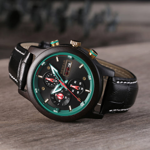 Men's Triple Chronograph Wooden Watch - 6-Hand Analog Display - Japanese Quartz Movement - Oliver/Ebony Wood - Water Resistant