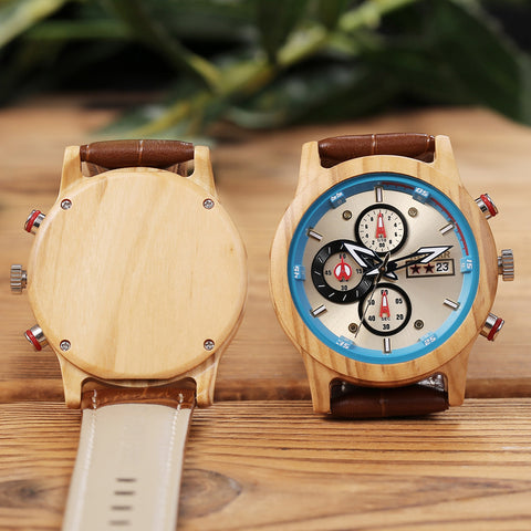 Men's Triple Chronograph Wooden Watch - 6-Hand Analog Display - Japanese Quartz Movement - Oliver/Ebony Wood - Water Resistant