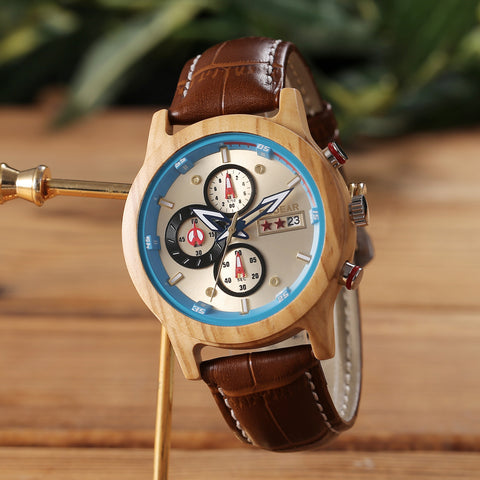 Men's Triple Chronograph Wooden Watch - 6-Hand Analog Display - Japanese Quartz Movement - Oliver/Ebony Wood - Water Resistant