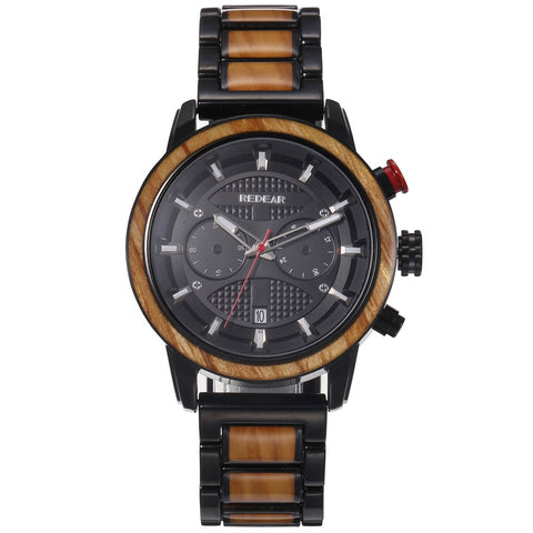 Men's Watch Alloy & Wood Strap, Water Resistant, Date Display, Casual Outdoor Watch for Men