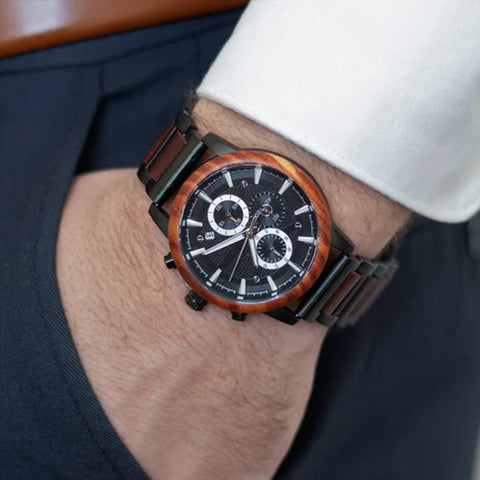 Shifenmei-S3016 Men’s Wooden Watch – Red Sandalwood & Steel, Quartz Chronograph