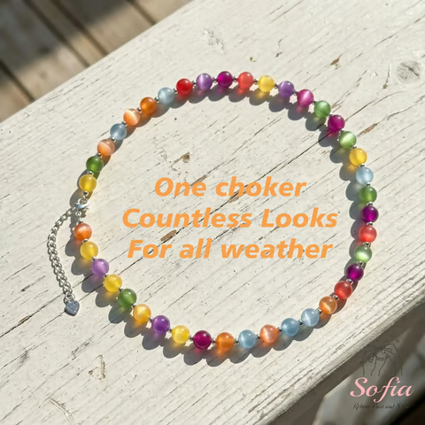 Sofia Dopamine UV Reactive 🌈Rainbow Beaded Choker, Waterproof Stackable Summer Necklace