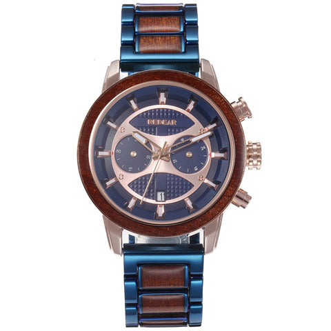 Men's Watch Alloy & Wood Strap, Water Resistant, Date Display, Casual Outdoor Watch for Men