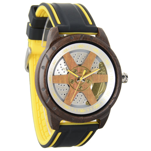 Orologi di Legno Degli Uomini con Cinturino in Silicone Design del Mozzo del Cerchio dell'Automobile Elegante in Legno Naturale Fatto a Mano Orologio da Polso per l'Uom