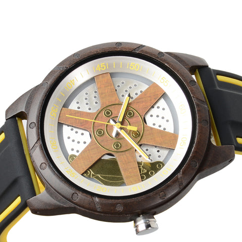 Orologi di Legno Degli Uomini con Cinturino in Silicone Design del Mozzo del Cerchio dell'Automobile Elegante in Legno Naturale Fatto a Mano Orologio da Polso per l'Uom