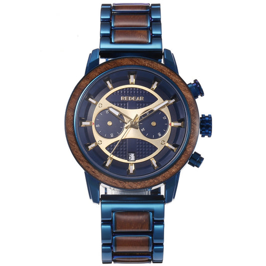 Men's Watch Alloy & Wood Strap, Water Resistant, Date Display, Casual Outdoor Watch for Men
