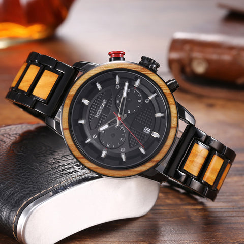 Men's Watch Alloy & Wood Strap, Water Resistant, Date Display, Casual Outdoor Watch for Men