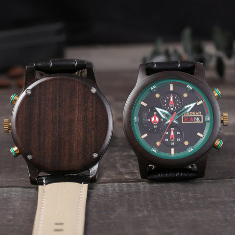 Men's Triple Chronograph Wooden Watch - 6-Hand Analog Display - Japanese Quartz Movement - Oliver/Ebony Wood - Water Resistant