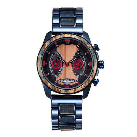 Fashion large dial multifunctional alloy wood quartz watch