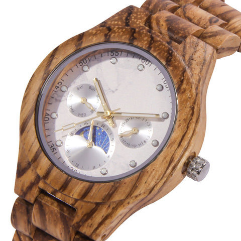 New Men's Sun Moon Star Wooden Quartz Marble Watch