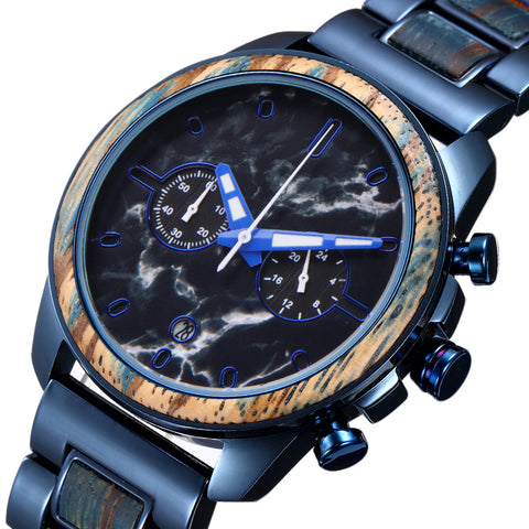 Mens Watch Marble Dial Chronograph Stainless Steel Wristrap WatchesWood Unique Wooden Watch