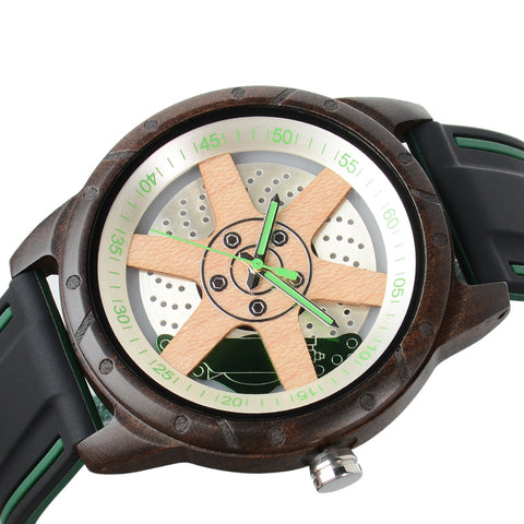 Orologi di Legno Degli Uomini con Cinturino in Silicone Design del Mozzo del Cerchio dell'Automobile Elegante in Legno Naturale Fatto a Mano Orologio da Polso per l'Uom