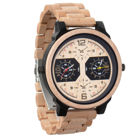 Wristwatches Quartz Luminous Watch Men Wooden Large Dial Dual Time Zones Wristwatch Casual Fashion