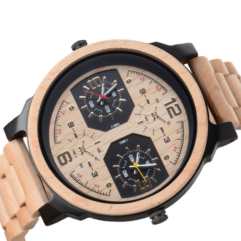 Wristwatches Quartz Luminous Watch Men Wooden Large Dial Dual Time Zones Wristwatch Casual Fashion