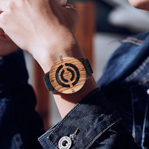 Handmade Nature Wood Turnable Dial Men's Quartz Wristwatch Full Bamboo Strap