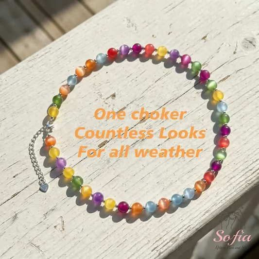 Sofia Dopamine UV Reactive 🌈Rainbow Beaded Choker, Waterproof Stackable Summer Necklace