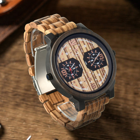 Wristwatches Quartz Luminous Watch Men Wooden Large Dial Dual Time Zones Wristwatch Casual Fashion