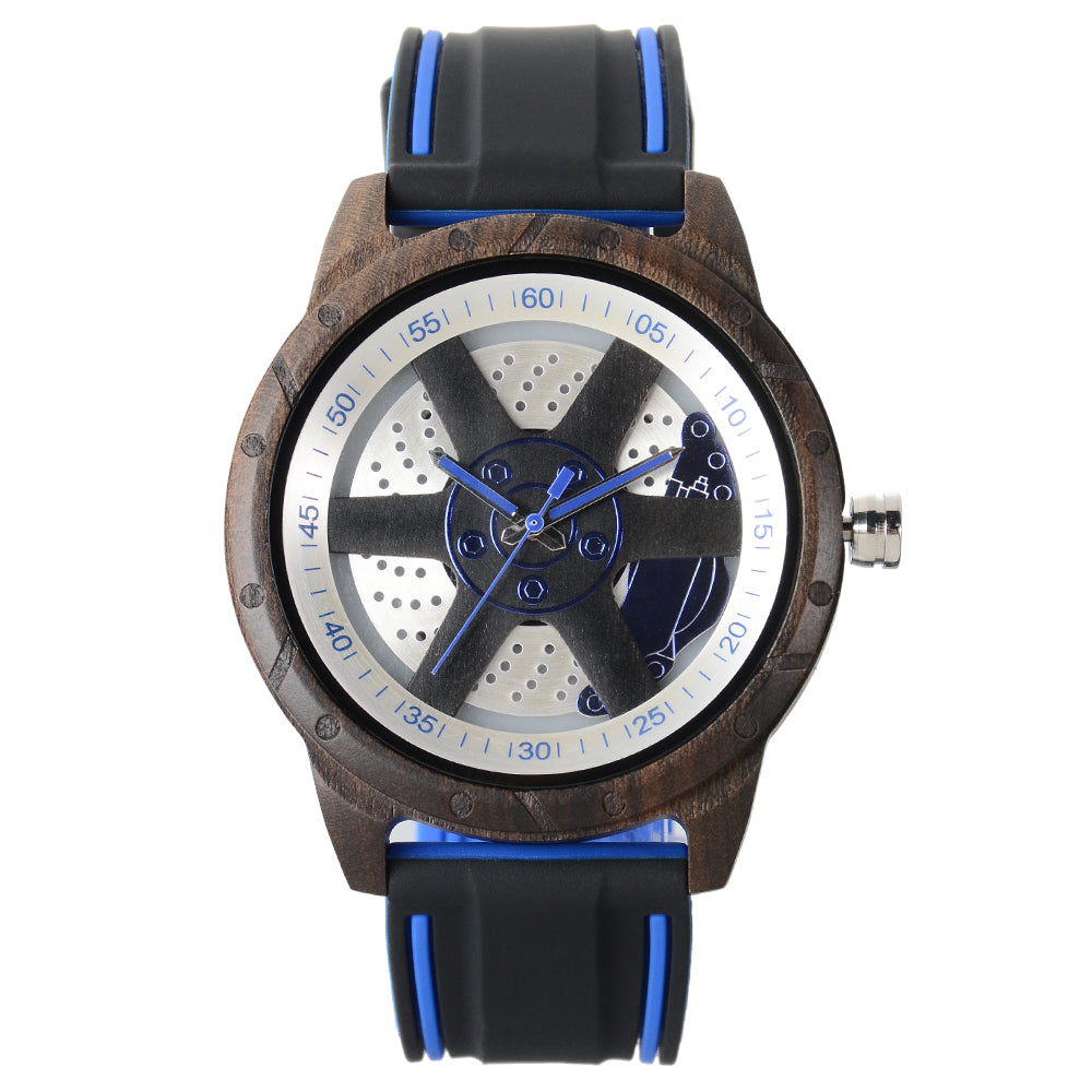 Orologi di Legno Degli Uomini con Cinturino in Silicone Design del Mozzo del Cerchio dell'Automobile Elegante in Legno Naturale Fatto a Mano Orologio da Polso per l'Uom