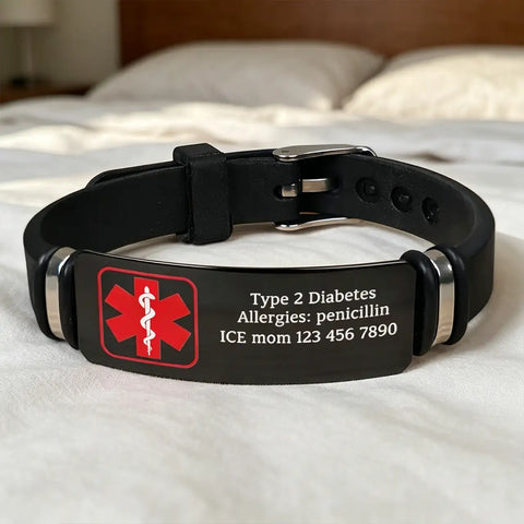 Personalized Black Silicone Bracelet with Red Medical Symbol, Unique Gift for Mom & Dad