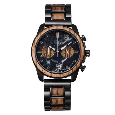 Mens Watch Marble Dial Chronograph Stainless Steel Wristrap WatchesWood Unique Wooden Watch