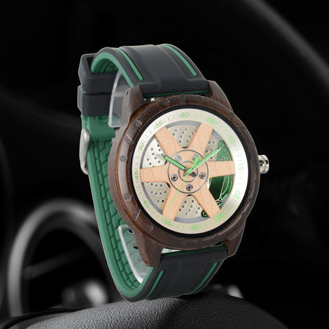 Orologi di Legno Degli Uomini con Cinturino in Silicone Design del Mozzo del Cerchio dell'Automobile Elegante in Legno Naturale Fatto a Mano Orologio da Polso per l'Uom