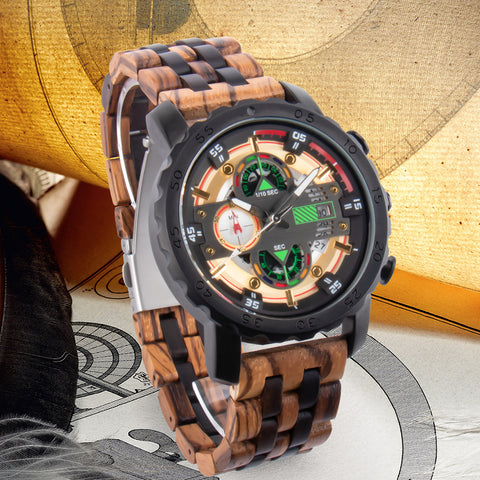 Wooden watch  multi-functional large dial quartz