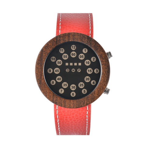 Novel LED Watch Nature Wood Watches Men's Electronic Wristwatch Leather Strap