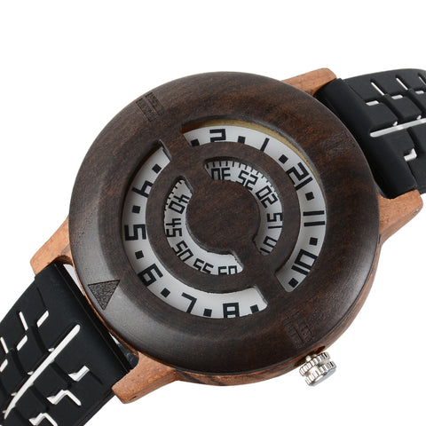 Handmade Nature Wood Turnable Dial Men's Quartz Wristwatch Full Bamboo Strap