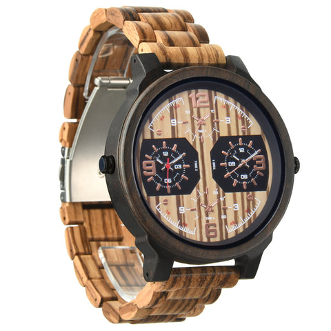 Wristwatches Quartz Luminous Watch Men Wooden Large Dial Dual Time Zones Wristwatch Casual Fashion