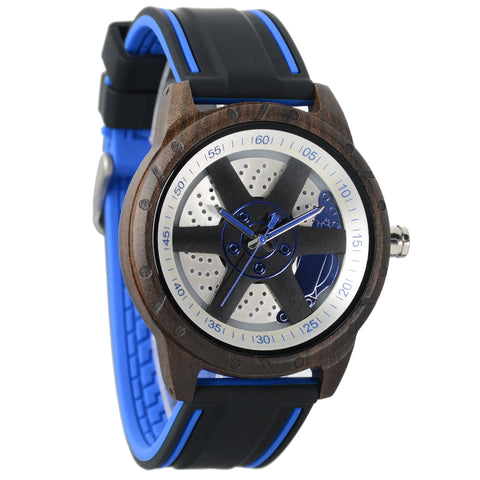 Orologi di Legno Degli Uomini con Cinturino in Silicone Design del Mozzo del Cerchio dell'Automobile Elegante in Legno Naturale Fatto a Mano Orologio da Polso per l'Uom