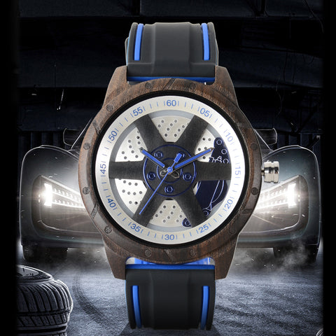 Orologi di Legno Degli Uomini con Cinturino in Silicone Design del Mozzo del Cerchio dell'Automobile Elegante in Legno Naturale Fatto a Mano Orologio da Polso per l'Uom