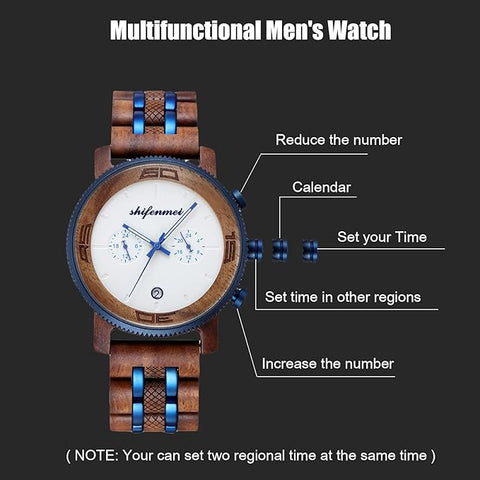 Shifenmei-S5593 Men's Wooden Watch – Natural Red Sandalwood Dual Time Luxury Business Wristwatch with Calendar, Japanese Quartz, 30M Waterproof