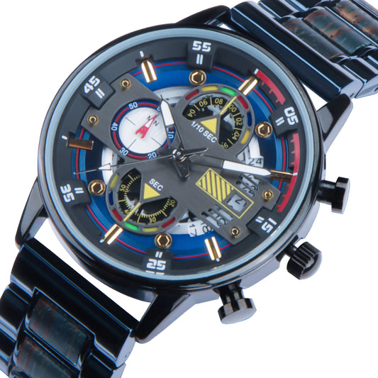 large dial multifunctional quartz steel wooden watch