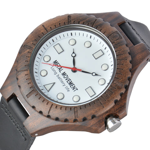 Quartz large dial leather strap wooden watch