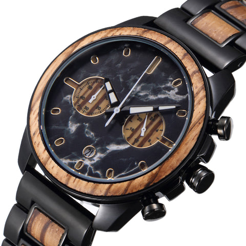 Mens Watch Marble Dial Chronograph Stainless Steel Wristrap WatchesWood Unique Wooden Watch